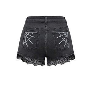 Black Goth Lace Hem Denim Shorts with Web Stitching